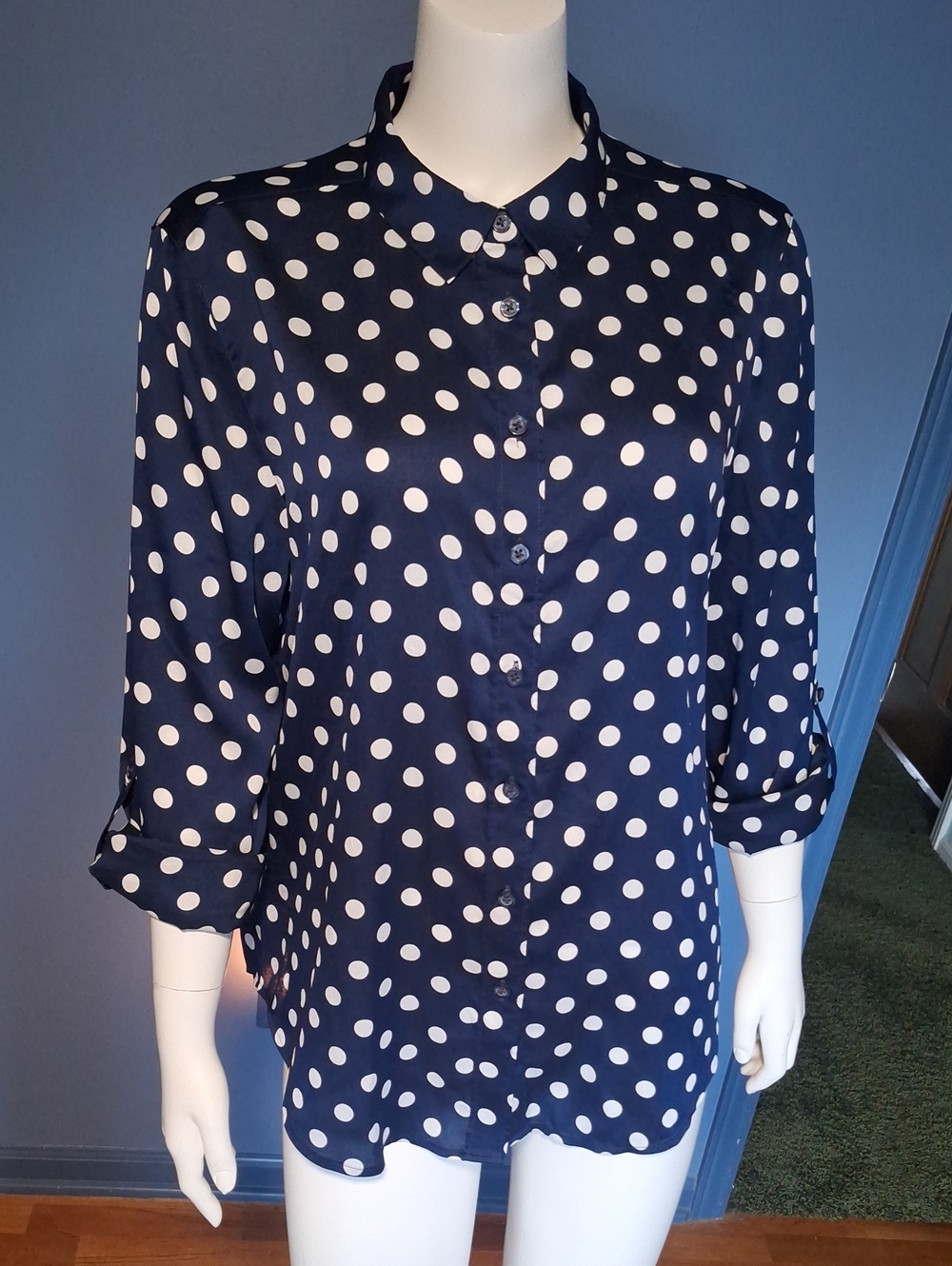 Ann Taylor Navy and White Polka Dot Button-Down Shirt
